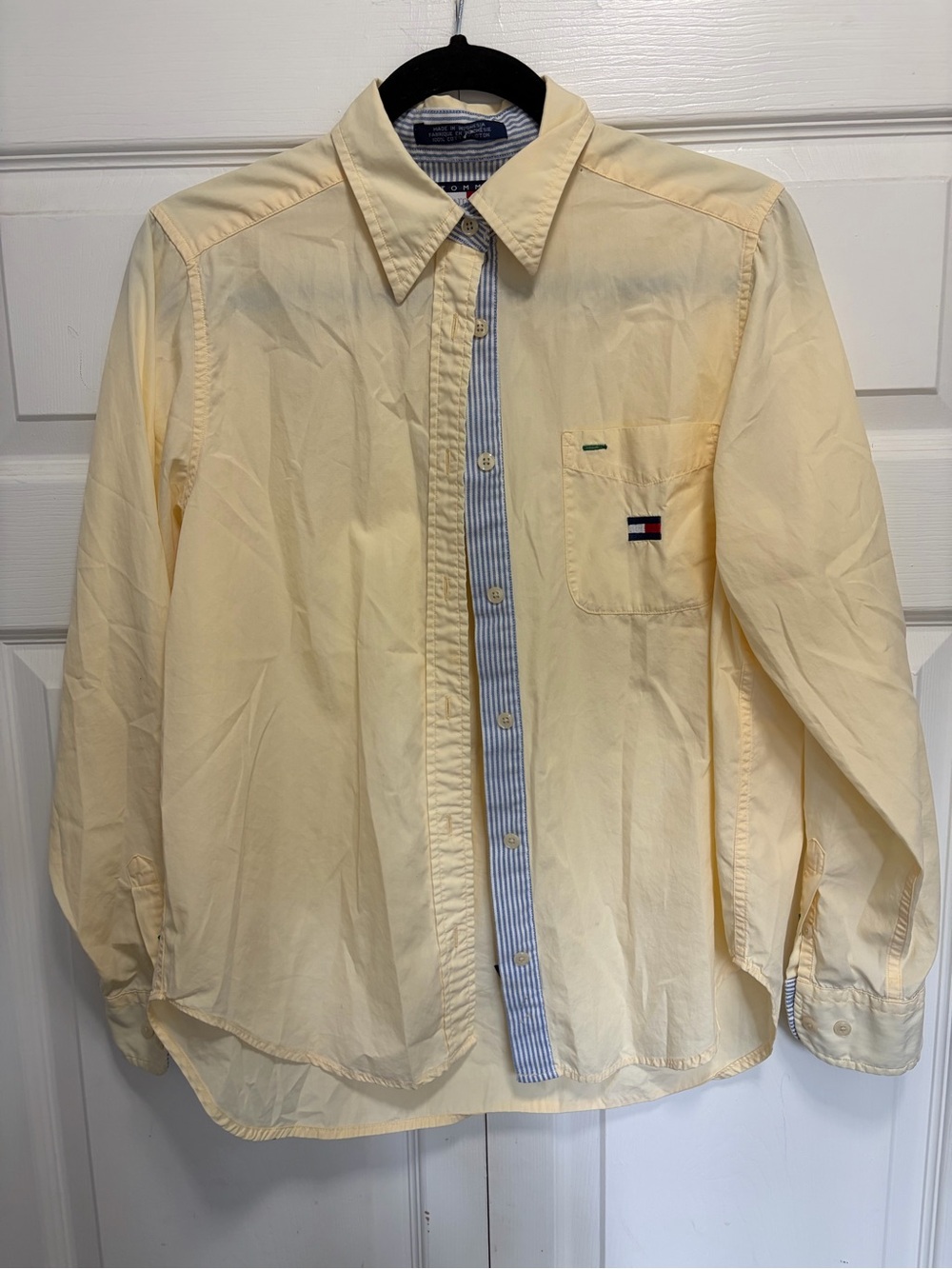 Tommy Hilfiger Pale Yellow Button-Down Shirt VINTAGE Blue White striped placket